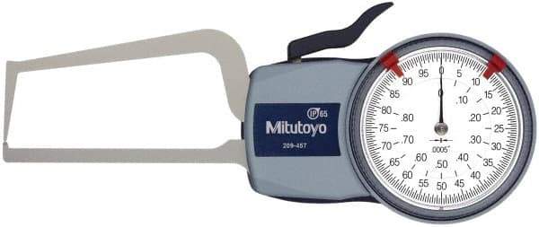 Mitutoyo - 0.8 Inch Max Measurement, 0.0005 Inch Graduation, Outside Dial Caliper Gage - 3.2 Inch Leg Length, 0.0015 Inch Accuracy - A1 Tooling