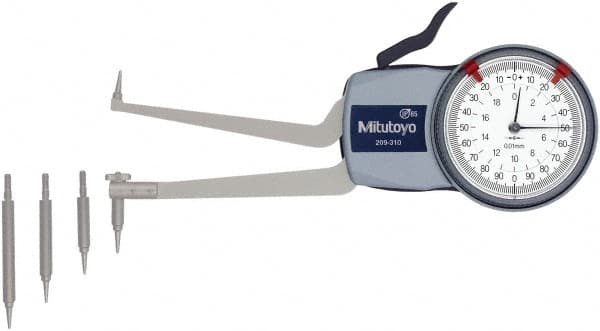 Mitutoyo - 50 to 100mm Inside Dial Caliper Gage - 0.01mm Graduation, 0.03mm Accuracy, 85mm Leg Length, 8.3mm Deep x 1.2mm Wide Groove, Ball Contact Points - A1 Tooling