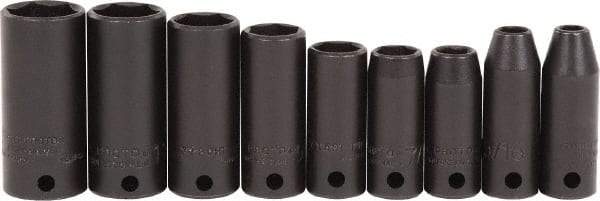 Proto - 9 Piece 3/8" Drive Black Finish Deep Well Impact Socket Set - 6 Points, 1/4" to 3/4" Range, Inch Measurement Standard - A1 Tooling