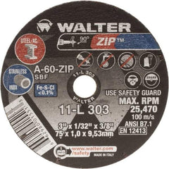 WALTER Surface Technologies - 3" Aluminum Oxide Cutoff Wheel - 1/32" Thick, 3/8" Arbor, 25,470 Max RPM, Use with Die Grinders - A1 Tooling