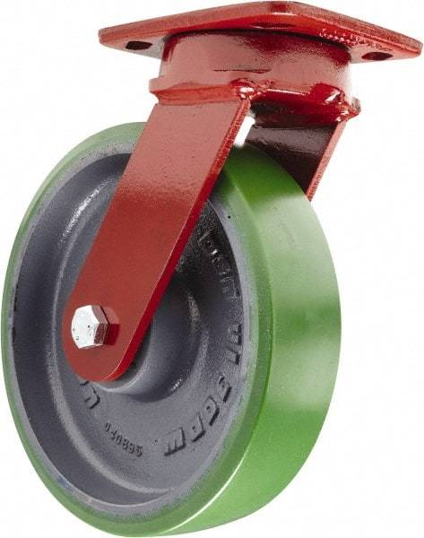 Hamilton - 8" Diam x 2" Wide x 9-1/2" OAH Top Plate Mount Swivel Caster with Brake - Polyurethane, 1,500 Lb Capacity, Sealed Precision Ball Bearing, 4 x 5" Plate - A1 Tooling