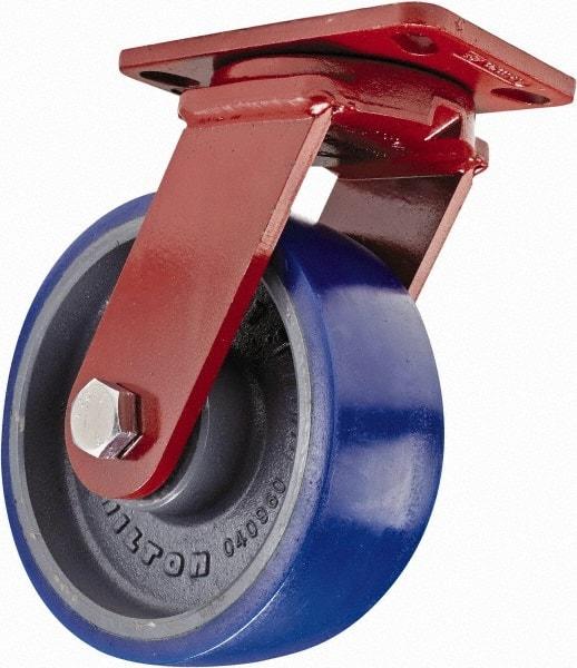 Hamilton - 8" Diam x 3" Wide x 10-1/4" OAH Top Plate Mount Swivel Caster - Polyurethane, 2,000 Lb Capacity, Sealed Precision Ball Bearing, 4-1/2 x 6-1/2" Plate - A1 Tooling