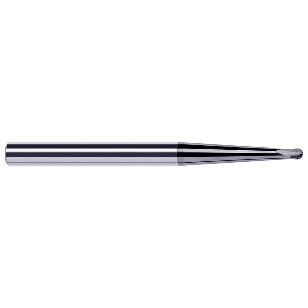 Ball End Mill: 0.093″ Dia, 0.074″ LOC, 2 Flute, Solid Carbide 2″ OAL, 3/16″ Shank Dia, 35 ° Helix, AlTiN Coated, Single End