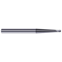 Ball End Mill: 0.093″ Dia, 0.074″ LOC, 2 Flute, Solid Carbide 2″ OAL, 3/16″ Shank Dia, 35 ° Helix, AlTiN Coated, Single End