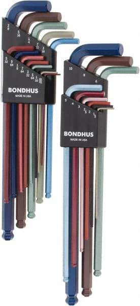 Bondhus - 22 Piece L-Key Ball End Hex Key Set - Hex Range 0.05 to 3/8", 8.4" OAL - A1 Tooling