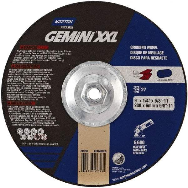 Norton - 24 Grit, 9" Wheel Diam, 1/4" Wheel Thickness, 7/8" Arbor Hole, Type 27 Depressed Center Wheel - Aluminum Oxide, 8,600 Max RPM - A1 Tooling