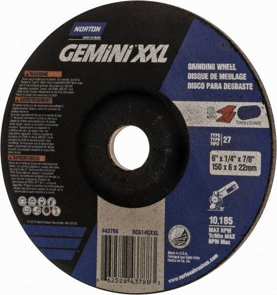 Norton - 24 Grit, 6" Wheel Diam, 1/4" Wheel Thickness, 7/8" Arbor Hole, Type 27 Depressed Center Wheel - Zirconia Alumina, 6,600 Max RPM - A1 Tooling