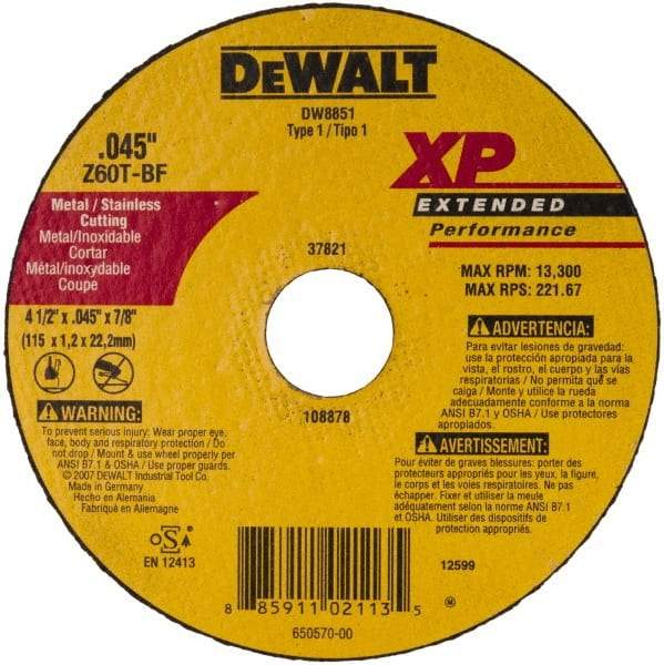 DeWALT - 4-1/2" 60 Grit Zirconia Alumina Cutoff Wheel - 0.045" Thick, 7/8" Arbor, 13,300 Max RPM, Use with Circular Saws - A1 Tooling