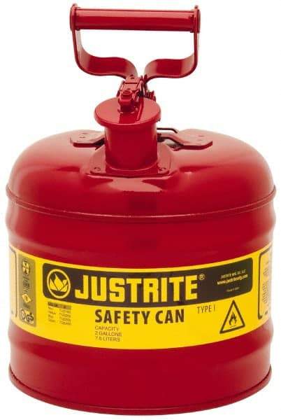 Justrite - 2 Gal Galvanized Steel Type I Safety Can - 13-3/4" High x 9-1/2" Diam, Red with Yellow - A1 Tooling