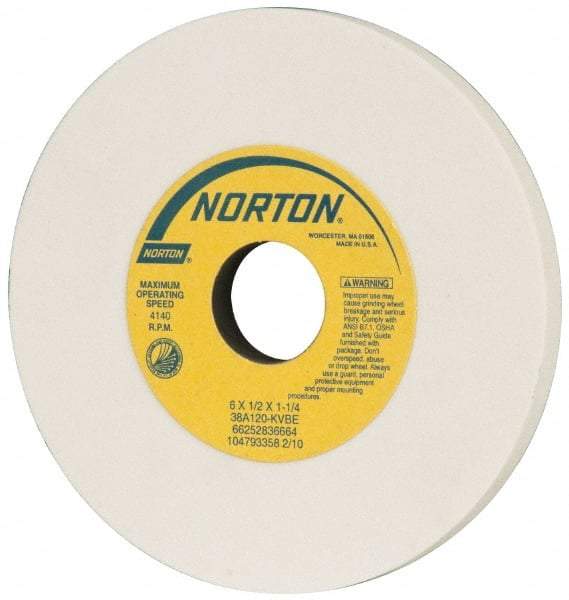 Norton - 6" Diam x 1-1/4" Hole x 1/2" Thick, K Hardness, 120 Grit Surface Grinding Wheel - Aluminum Oxide, Type 1, Fine Grade, 4,140 Max RPM, Vitrified Bond, No Recess - A1 Tooling