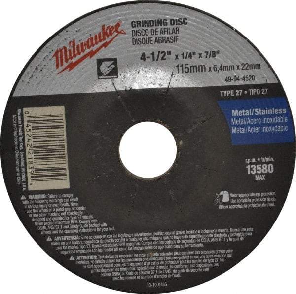 Milwaukee Tool - 24 Grit, 4-1/2" Wheel Diam, 1/4" Wheel Thickness, 7/8" Arbor Hole, Type 27 Depressed Center Wheel - Aluminum Oxide, Resinoid Bond, R Hardness, 13,580 Max RPM, Compatible with Angle Grinder - A1 Tooling