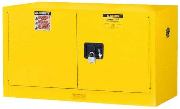 Justrite - 2 Door, 1 Shelf, Yellow Steel Stackable Safety Cabinet for Flammable and Combustible Liquids - 24" High x 43" Wide x 18" Deep, Self Closing Door, 17 Gal Capacity - A1 Tooling