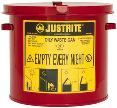 Justrite - 2 Gallon Capacity, Galvanized Steel Oily Waste Can - 9-5/8 Inch Wide/Diameter x 9-1/8 Inch High, Red, Hand Operated, Approved FM - A1 Tooling