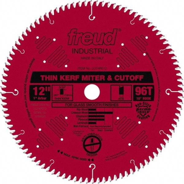 Freud - 12" Diam, 1" Arbor Hole Diam, 96 Tooth Wet & Dry Cut Saw Blade - Carbide-Tipped, Standard Round Arbor - A1 Tooling