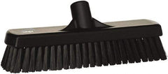 Vikan - 1.7" Bristle Length, Polyester Scrub Brush - 11-1/4" Long x 3" Wide Head, 12" OAL, European Threaded Handle, Black, Polypropylene Block - A1 Tooling