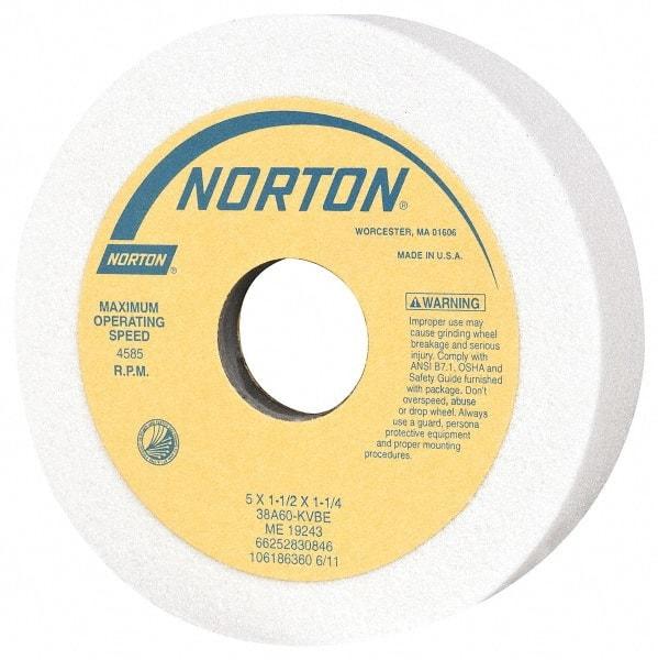 Norton - 5" Diam, 1-1/4" Hole Size, 1-1/2" Overall Thickness, 60 Grit, Type 6 Tool & Cutter Grinding Wheel - Medium Grade, Aluminum Oxide, K Hardness, Vitrified Bond, 4,585 RPM - A1 Tooling