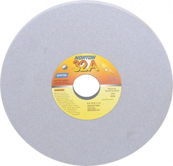 Norton - 8" Diam x 1-1/4" Hole x 1/2" Thick, I Hardness, 100 Grit Surface Grinding Wheel - Aluminum Oxide, Type 1, Fine Grade, 3,600 Max RPM, Vitrified Bond, No Recess - A1 Tooling