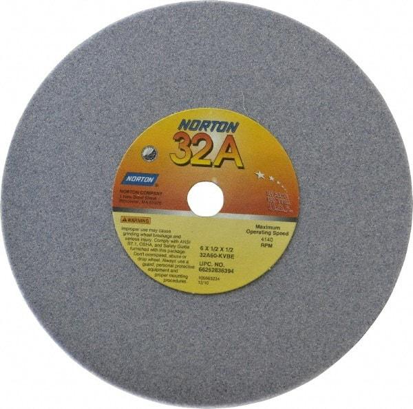 Norton - 6" Diam x 1/2" Hole x 1/2" Thick, K Hardness, 60 Grit Surface Grinding Wheel - Aluminum Oxide, Type 1, Medium Grade, 4,140 Max RPM, Vitrified Bond, No Recess - A1 Tooling