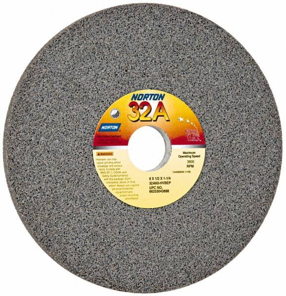 Norton - 8" Diam x 1-1/4" Hole x 1/2" Thick, H Hardness, 60 Grit Surface Grinding Wheel - Aluminum Oxide, Type 1, Medium Grade, 3,600 Max RPM, Vitrified Bond, No Recess - A1 Tooling