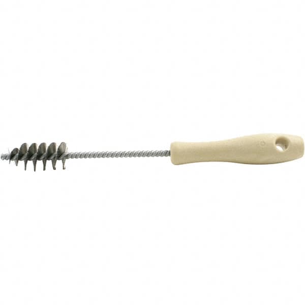 Brush Research Mfg. - 0.975" Diam Helical Stainless Steel Tube Brush - Single Spiral, 0.006" Filament Diam, 2" Brush Length, 10-1/2" OAL, 0.245" Diam Plastic Handle Shank - A1 Tooling