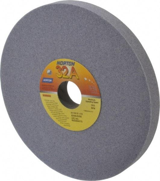 Norton - 8" Diam x 1-1/4" Hole x 3/4" Thick, K Hardness, 60 Grit Surface Grinding Wheel - Aluminum Oxide, Type 1, Medium Grade, 3,600 Max RPM, Vitrified Bond, No Recess - A1 Tooling