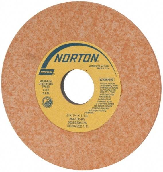 Norton - 6" Diam x 1-1/4" Hole x 1/4" Thick, K Hardness, 150 Grit Surface Grinding Wheel - Aluminum Oxide, Type 1, Very Fine Grade, 4,140 Max RPM, Vitrified Bond, No Recess - A1 Tooling