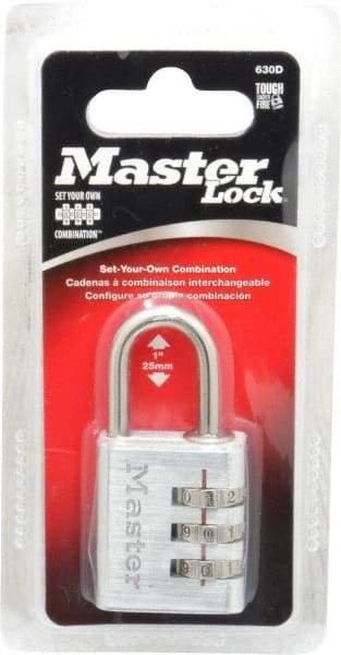 Master Lock - 1-3/16" Body Width, 1" Shackle Clearance, Die Cast Zinc Silver Coating Combination Lock - 3/16" Shackle Diam, 9/16" Shackle Width - A1 Tooling