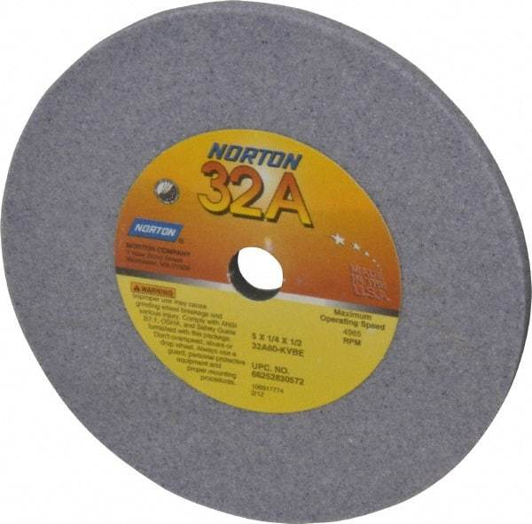 Norton - 60 Grit Aluminum Oxide Type 1 Internal Grinding Wheel - 5" Diam x 1/2" Hole x 1/4" Thick, 4965 Max RPM, Type 1 Medium Grade, K Hardness, Vitrified Bond, No Recess - A1 Tooling