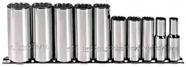 Proto - 10 Piece 3/8" Drive Deep Well Socket Set - 12 Points, 5/16" to 7/8" Range, Inch Measurement Standard - A1 Tooling