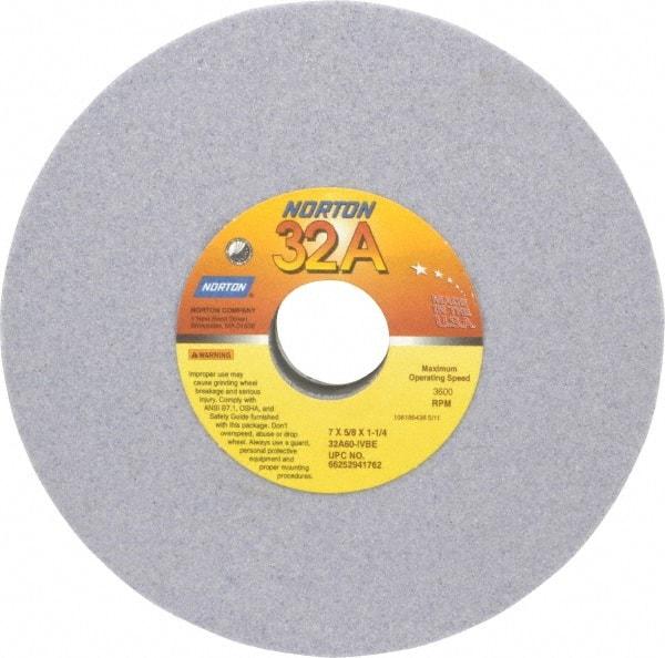 Norton - 7" Diam x 1-1/4" Hole x 5/8" Thick, I Hardness, 60 Grit Surface Grinding Wheel - Aluminum Oxide, Type 1, Medium Grade, 3,600 Max RPM, Vitrified Bond, No Recess - A1 Tooling