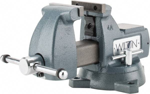 Wilton - 4" Jaw Width x 4-1/2" Jaw Opening Capacity, 3-7/16" Throat Depth, Bench & Pipe Combination Vise - 1/4 to 2" Pipe Capacity, Swivel Base, Bolt Down Attachment, Ductile Iron - A1 Tooling