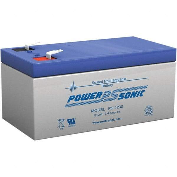 Power-Sonic - Lead-Acid, Quick-Disconnect Tab Terminal, 12 Volt, 3.4 Amp, Lead Rechargeable Battery - 3/16" Tab Width x 0.8mm Tab Thickness, 2.64" Wide x 2.36" High x 5.24" Deep - A1 Tooling