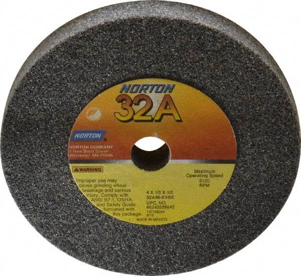 Norton - 46 Grit Aluminum Oxide Type 1 Internal Grinding Wheel - 4" Diam x 1/2" Hole x 1/2" Thick, 8,120 Max RPM, Type 1 Coarse Grade, K Hardness, Vitrified Bond, No Recess - A1 Tooling