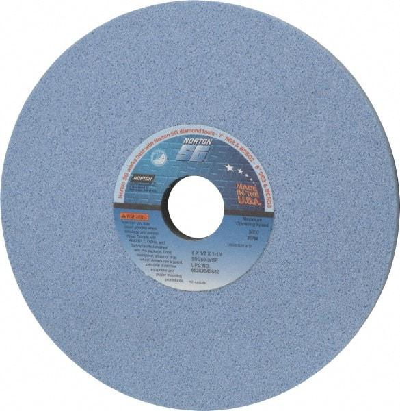 Norton - 8" Diam x 1-1/4" Hole x 1/2" Thick, I Hardness, 60 Grit Surface Grinding Wheel - Ceramic, Type 1, Medium Grade, 3,600 Max RPM, Vitrified Bond, No Recess - A1 Tooling