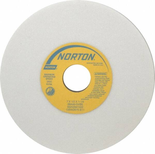 Norton - 7" Diam x 1-1/4" Hole x 1/2" Thick, G Hardness, 46 Grit Surface Grinding Wheel - Aluminum Oxide, Type 1, Coarse Grade, 3,600 Max RPM, Vitrified Bond, No Recess - A1 Tooling