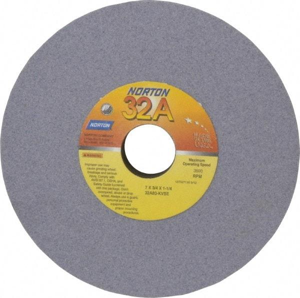 Norton - 7" Diam x 1-1/4" Hole x 3/4" Thick, K Hardness, 80 Grit Surface Grinding Wheel - Aluminum Oxide, Medium Grade, 3,600 Max RPM, Vitrified Bond - A1 Tooling