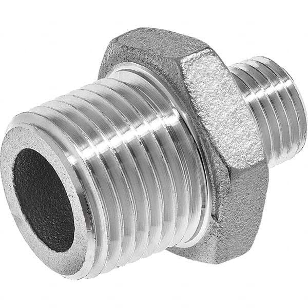 Pipe Reducing Hex Nipple: 1/4 x 1/8″ Fitting, 304 Stainless Steel MNPT x MNPT, Threaded, ASME B1.20.1 & ASTM A351, 150 psi