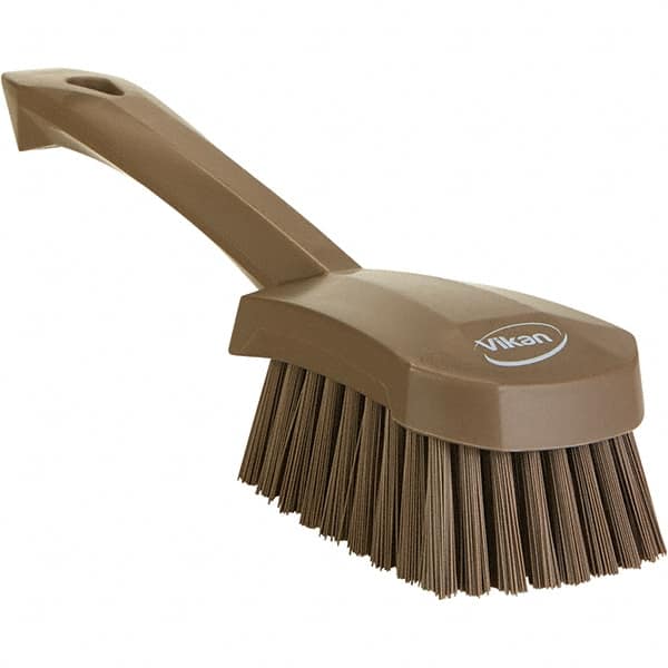 Vikan - 1.3" Bristle Length, Polyester Scrub Brush - 4-1/4" Long x 2-3/4" Wide Head, 10" OAL, Ergonomic Handle, Brown, Polypropylene Block - A1 Tooling