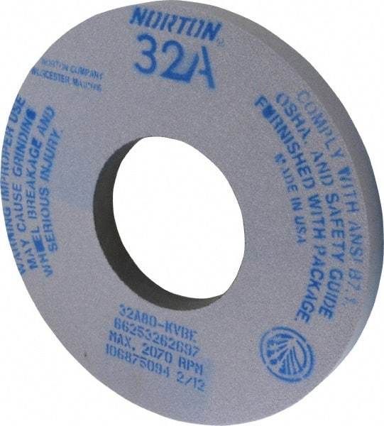 Norton - 12" Diam x 5" Hole x 1" Thick, K Hardness, 80 Grit Surface Grinding Wheel - Aluminum Oxide, Type 1, Medium Grade, 2,070 Max RPM, Vitrified Bond, No Recess - A1 Tooling