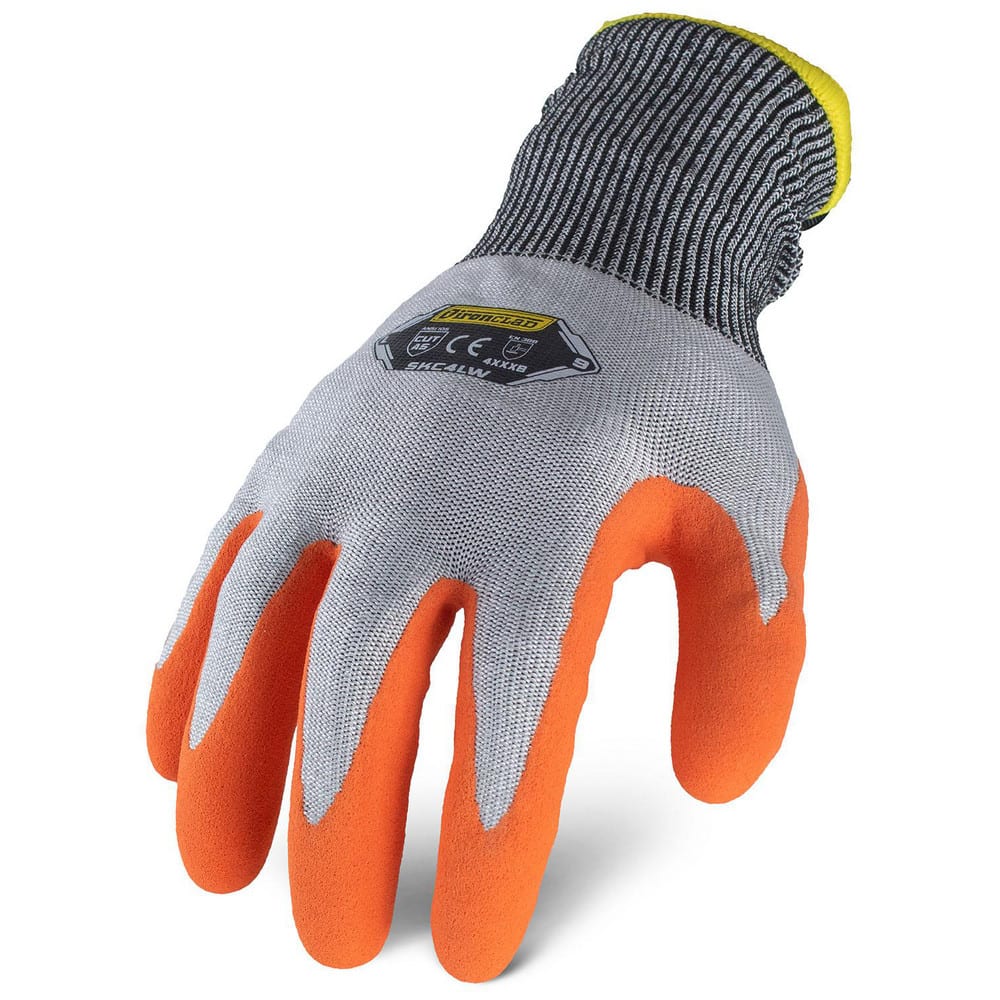 Puncture-Resistant Gloves:  Size  2X-Large,  ANSI Cut  A6,  ANSI Puncture  4,  Latex,  HPPE/Steel Blended Knit Gray & Orange,  Palm & Fingertips Coated,  Acrylic Lined,  HPPE Fiber/Stainless Steel Back,  Sandy Grip,  ANSI Abrasion  Not Tested