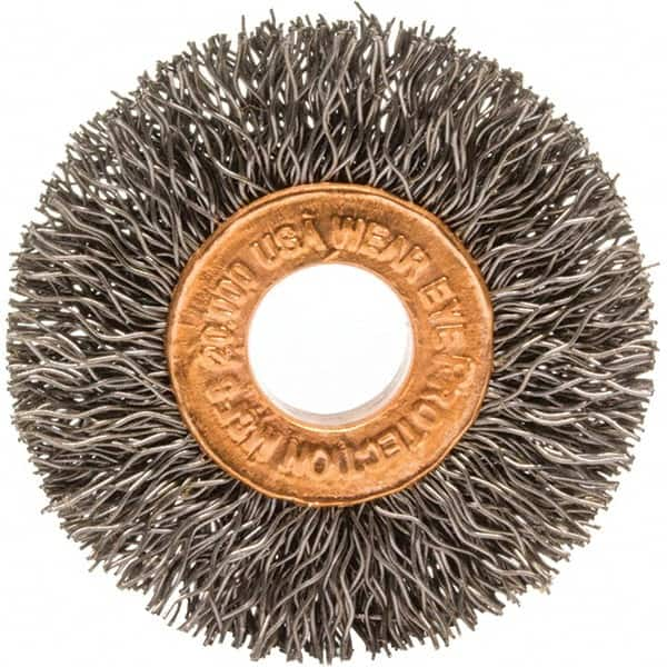 Brush Research Mfg. - 1-1/2" OD, 3/8" Arbor Hole, Crimped Carbon Wheel Brush - 1/4" Face Width, 3/8" Trim Length, 20,000 RPM - A1 Tooling