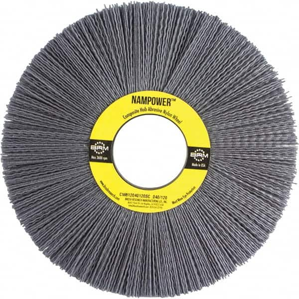 Brush Research Mfg. - 8" OD, 2" Arbor Hole, Crimped Abrasive Nylon Wheel Brush - 1/2" Face Width, 2-1/2" Trim Length, 3,600 RPM - A1 Tooling