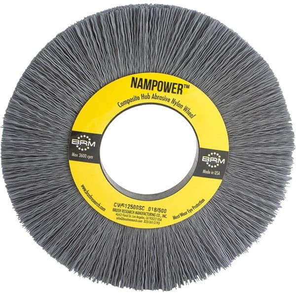 Brush Research Mfg. - 6" OD, 2" Arbor Hole, Crimped Abrasive Nylon Wheel Brush - 1/2" Face Width, 1-1/2" Trim Length, 3,600 RPM - A1 Tooling