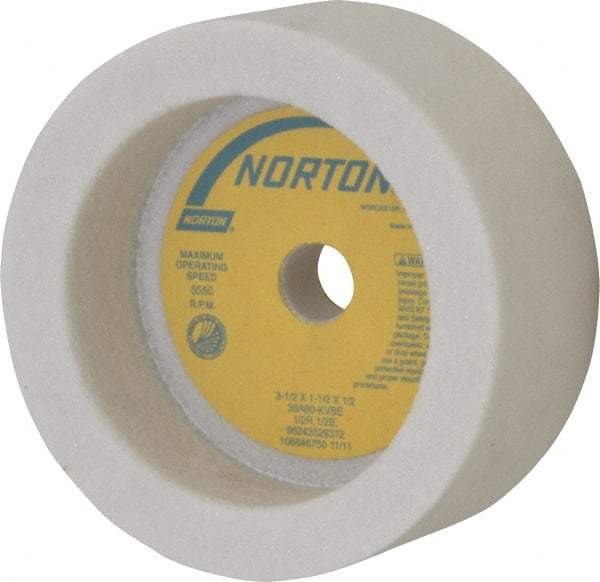 Norton - 3-1/2" Diam, 1/2" Hole Size, 1-1/2" Overall Thickness, 60 Grit, Type 6 Tool & Cutter Grinding Wheel - Medium Grade, Aluminum Oxide, K Hardness, Vitrified Bond, 6,550 RPM - A1 Tooling