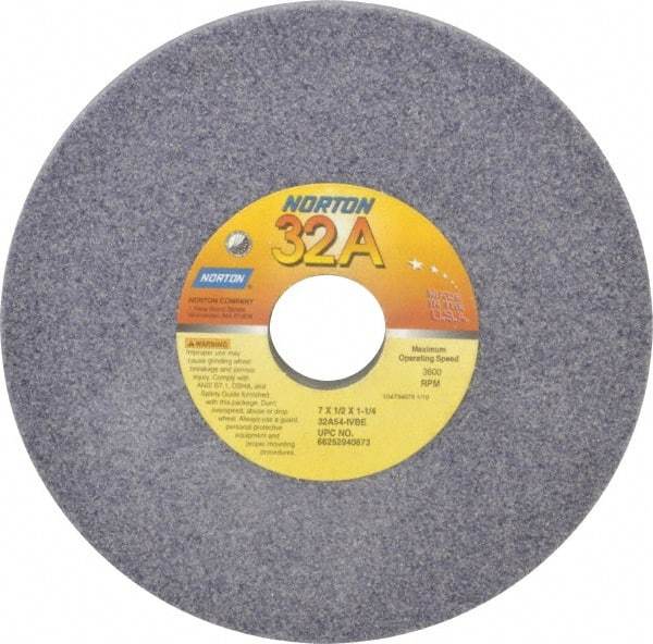 Norton - 7" Diam x 1-1/4" Hole x 1/2" Thick, I Hardness, 54 Grit Surface Grinding Wheel - Aluminum Oxide, Type 1, Coarse Grade, 3,600 Max RPM, Vitrified Bond, No Recess - A1 Tooling