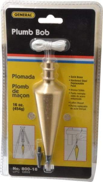 General - 5-3/4 Inch Long, 1-1/2 Inch Diameter Brass Plumb Bob - 16 Ounce, Has Replacable Tip - A1 Tooling