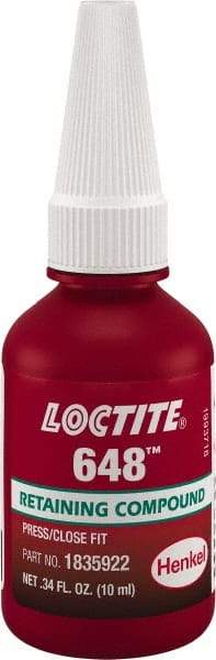 Loctite - 10 mL, Green, High Strength Gel Retaining Compound - Series 648, 24 hr Full Cure Time - A1 Tooling