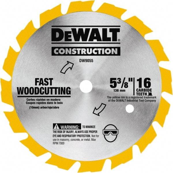 DeWALT - 5-3/8" Diam, 0.3937" Arbor Hole Diam, 16 Tooth Wet & Dry Cut Saw Blade - Tungsten Carbide-Tipped, Fast Cutting Action, Diamond Arbor - A1 Tooling