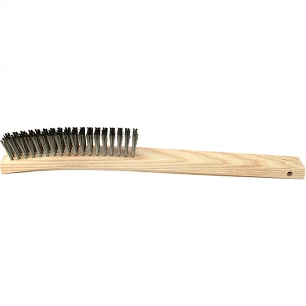 Brush Research Mfg. - 4 Rows x 19 Columns Stainless Steel Scratch Brush - 5-3/4" Brush Length, 14" OAL, 1 Trim Length, Wood Curved Back Handle - A1 Tooling