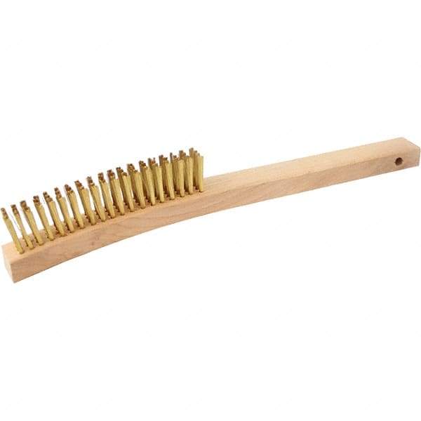 Brush Research Mfg. - 4 Rows x 19 Columns Brass Scratch Brush - 5-3/4" Brush Length, 13-3/4" OAL, 1-1/8 Trim Length, Wood Curved Back Handle - A1 Tooling